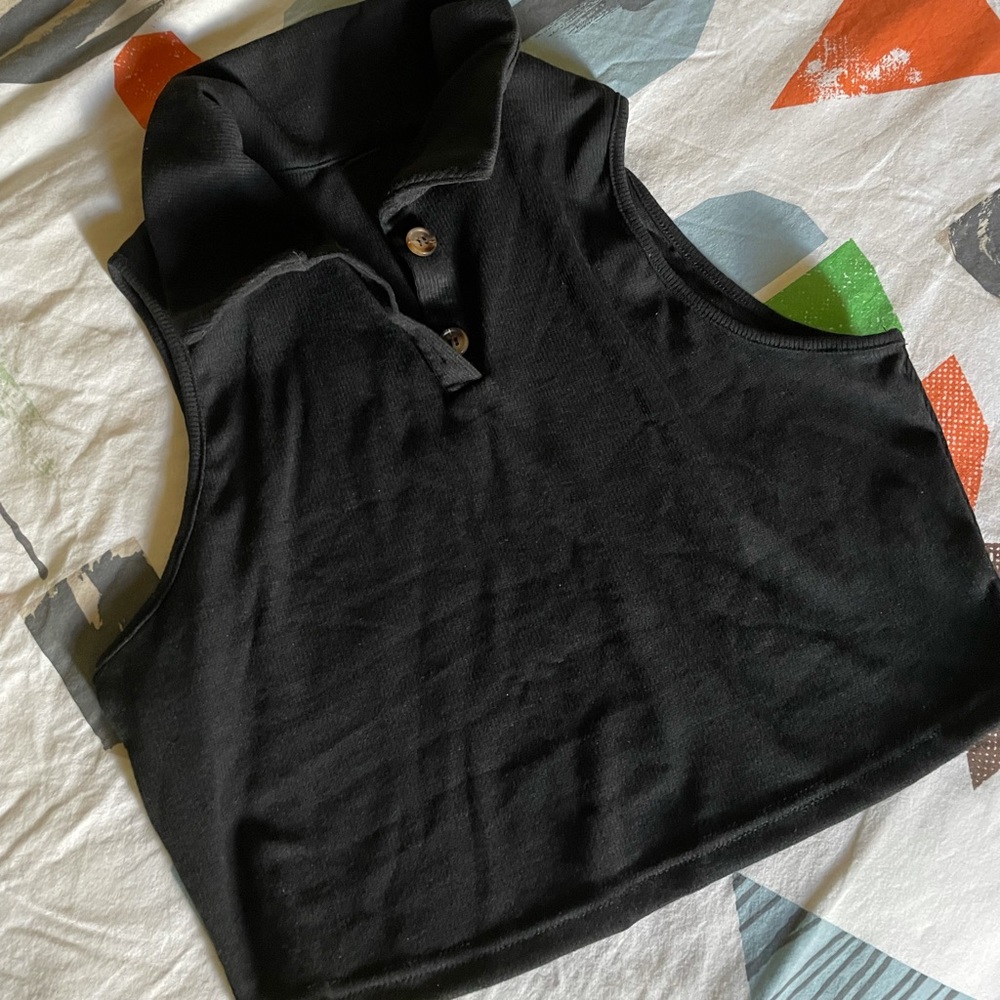 Black polo button top short shirt cropped collar